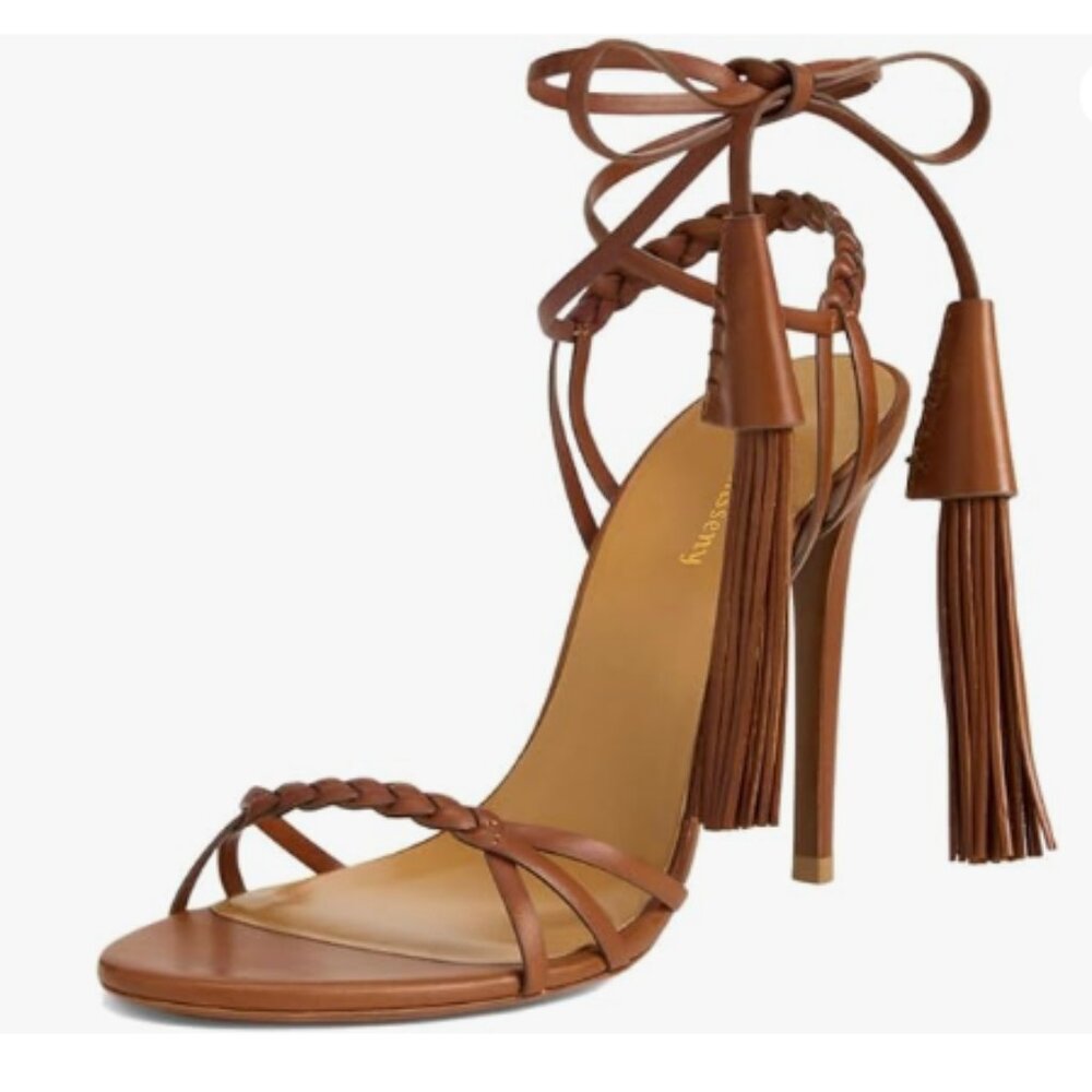 Wansseny Brown Sexy Open Toe Lace up Tassels Strappy Tie up Ankle Wrap Sandals